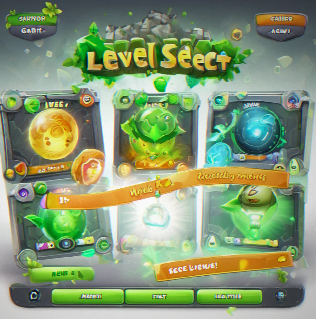 Level select screen showing completed levels in green and upcoming locked levels in gray with world progression indicators