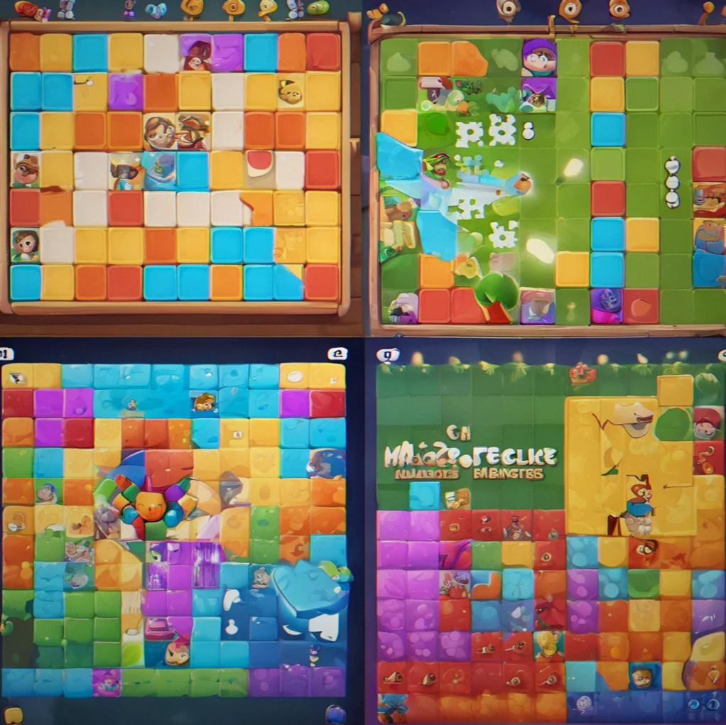 Split screen showing three different puzzle mechanics: coloored tiles for matching, sliding tiles on a grid, and grouped color blocks
