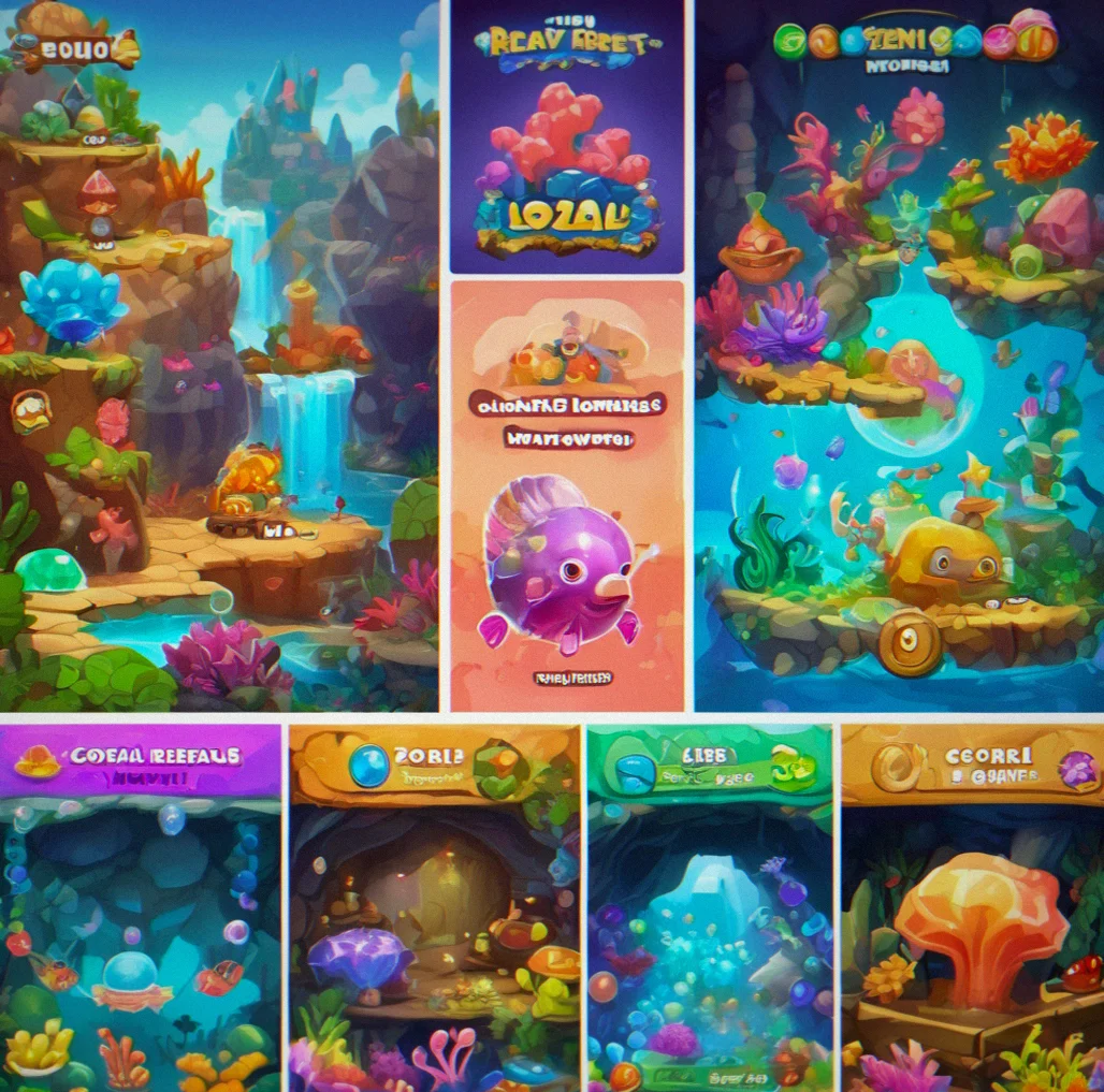 Game level selection screen showing three distinct themed worlds: Coral Reef, Candy Forest, and Crystal Caverns with unique visual styles