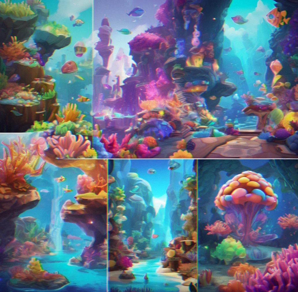 Three distinct game world environments showing Coral Reef with blue tones, Candy Forest with bright colors, and Crystal Caverns with purple crystals