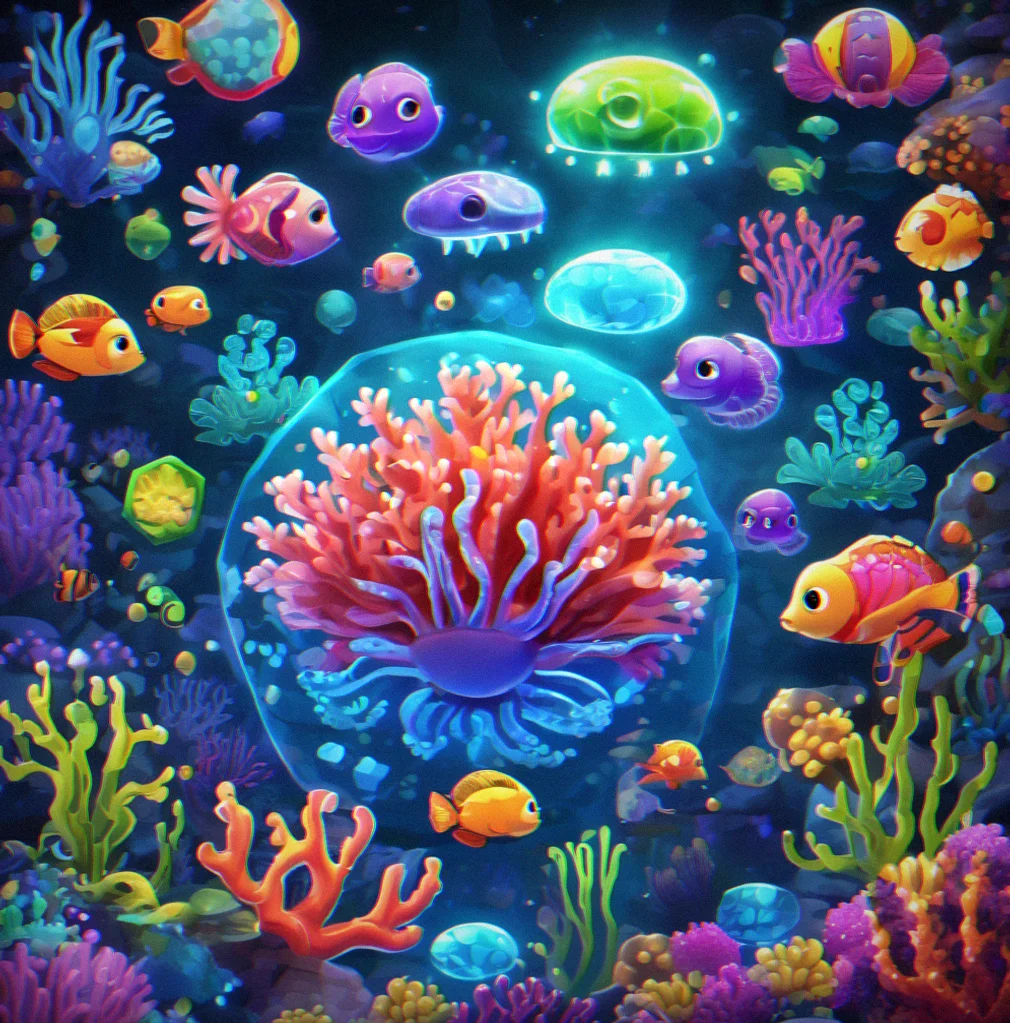 Coral Reef world with glowing creatures and a pattern-matching puzzle board lit up with bioluminescent tiles