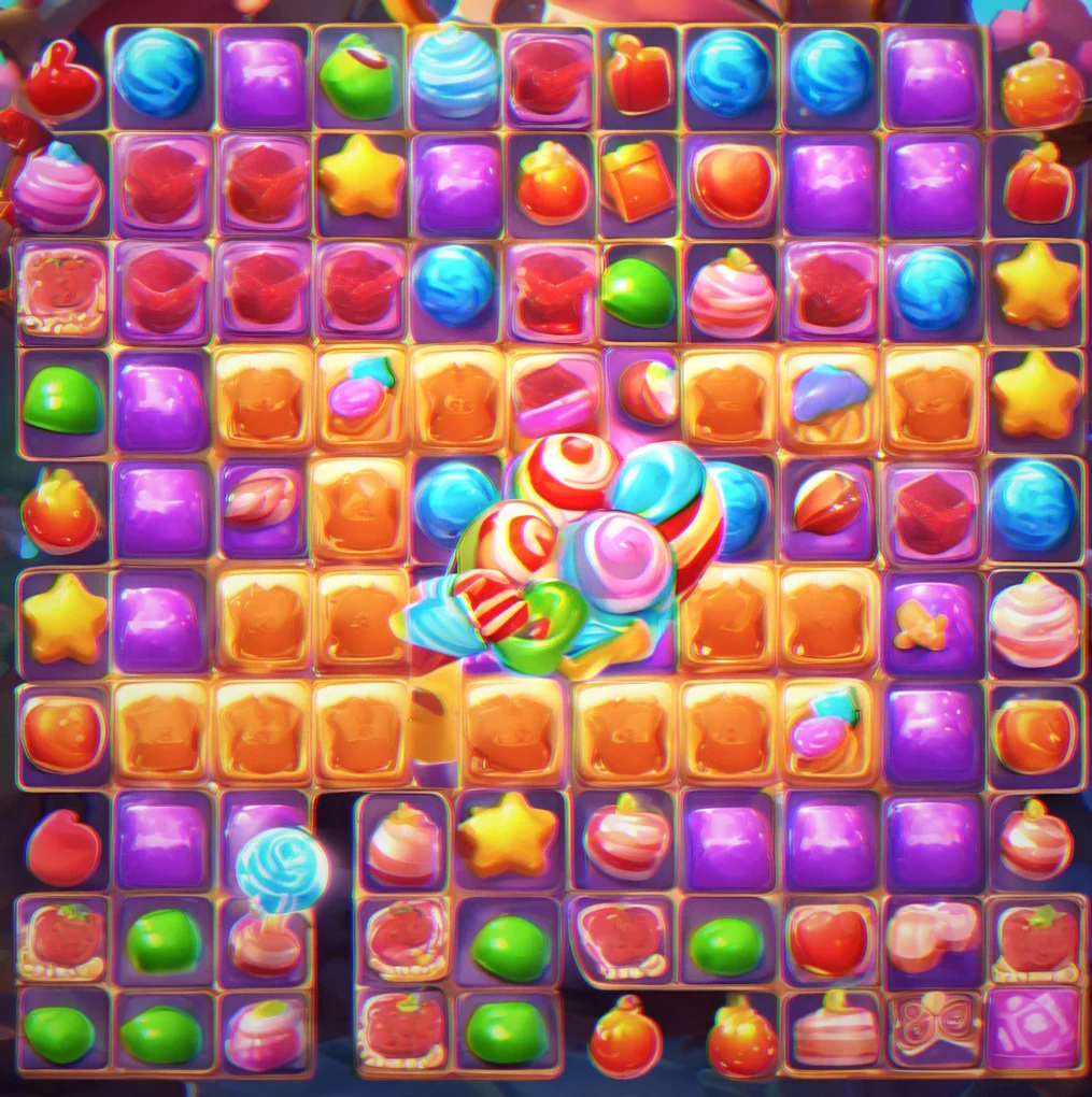 Candy Forest world showing bright tiles sliding across a grid puzzle surrounded by candy-themed decorations